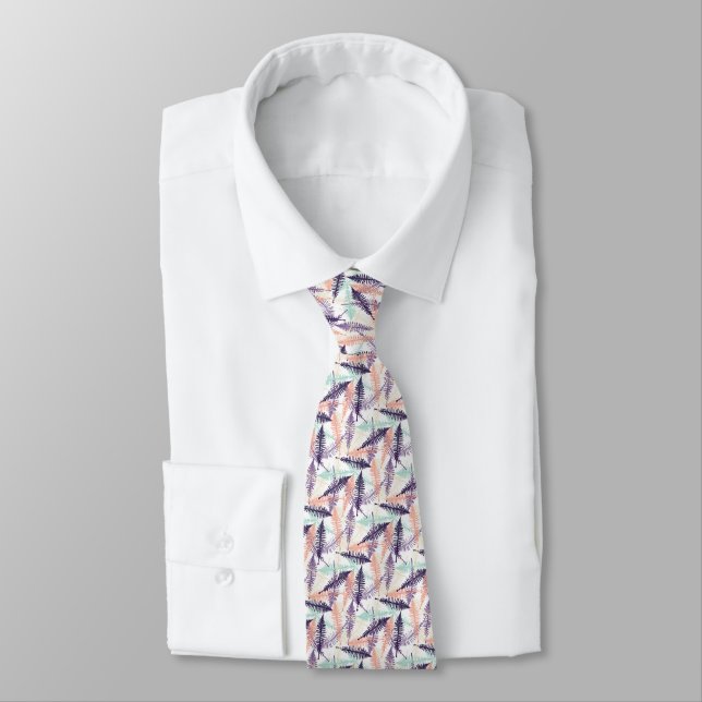 Violet Purple Mint Green Orange Fern Leafs Pattern Tie (Tied)