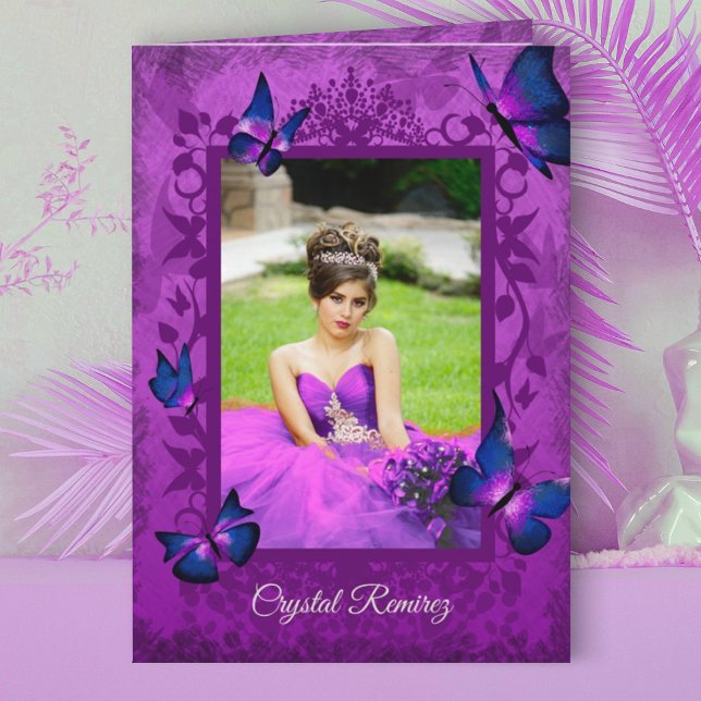 Violet, Purple, Navy Blue Butterflies Quinceanera Card (violet magenta purple pink quinceanera invitation, folded invite blue butterflies fancy border frame)