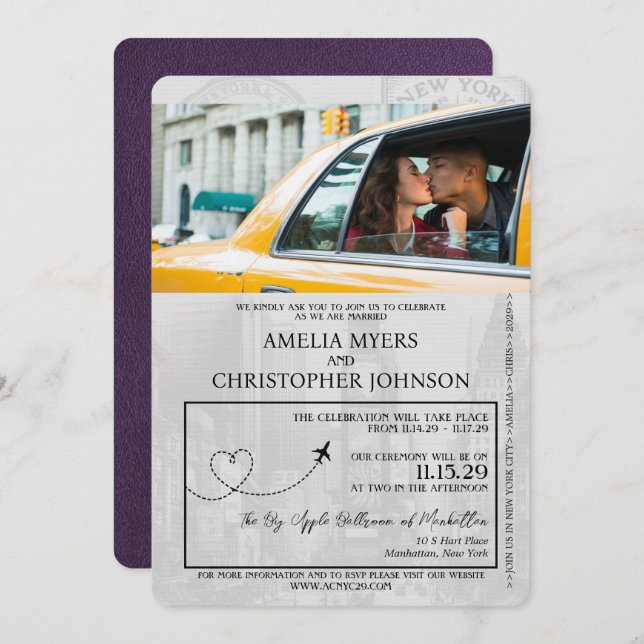 Violet Purple New York City Passport Wedding Invitation (Front/Back)