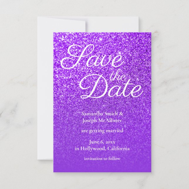 Violet Purple Ombre Glitter Save the Date Invitation (Front)