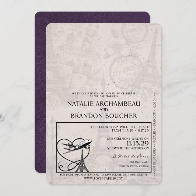 Violet Purple Paris Passport Wedding Invitation (Front/Back)