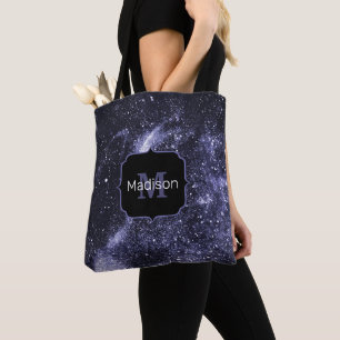 Violet purple peri black abstract galaxy Monogram Tote Bag