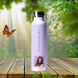 Violet purple photo name water bottle<br><div class="desc">A violet,  lavender coloured background.  Personalise and add your name and a profile photo. Purple letters.</div>