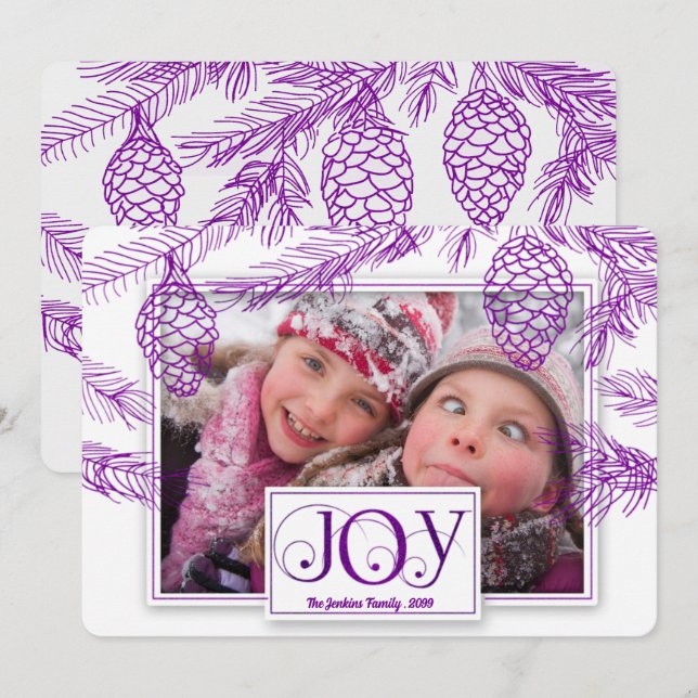 Violet Purple Pines Christmas Joy Photo Holiday Card (Front/Back)