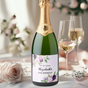 Violet purple pink florals birthday sparkling wine label