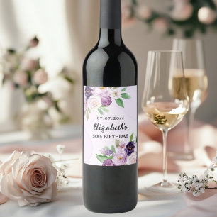 Violet purple pink florals birthday wine label