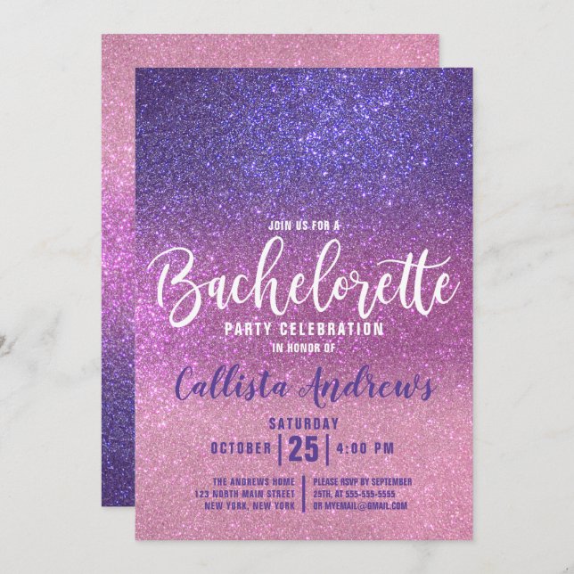 Violet Purple Pink Triple Glitter Bachelorette Invitation (Front/Back)