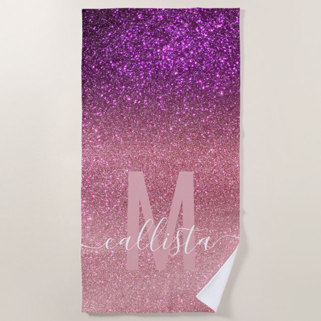 Violet Purple Pink Triple Glitter Ombre Monogram Beach Towel (Front)