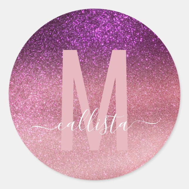 Violet Purple Pink Triple Glitter Ombre Monogram Classic Round Sticker (Front)