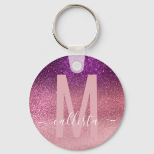 Violet Purple Pink Triple Glitter Ombre Monogram Key Ring