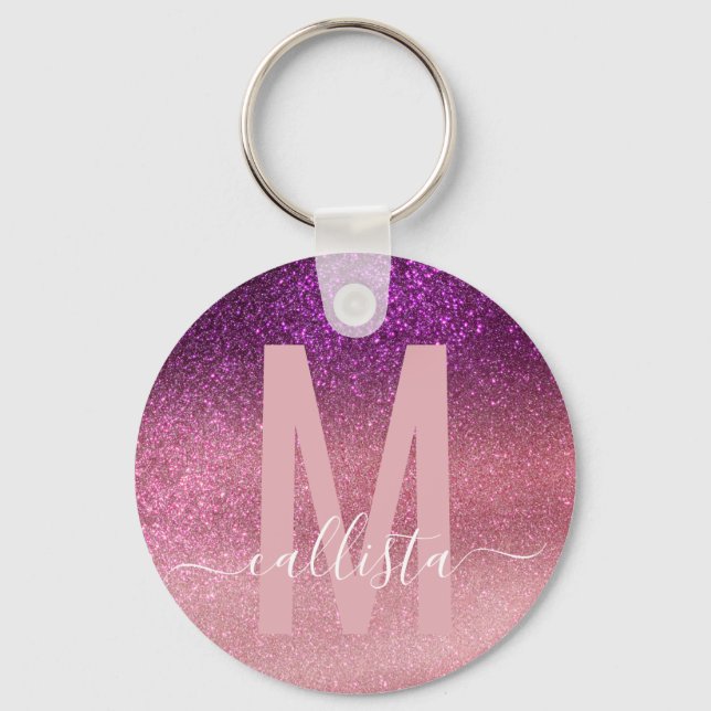 Violet Purple Pink Triple Glitter Ombre Monogram Key Ring (Front)