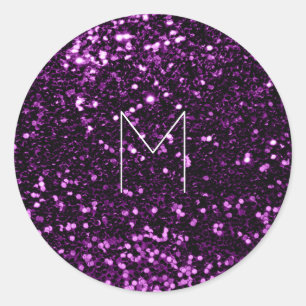 Violet Purple Plum Glitter Spark Minimal Monogram Classic Round Sticker