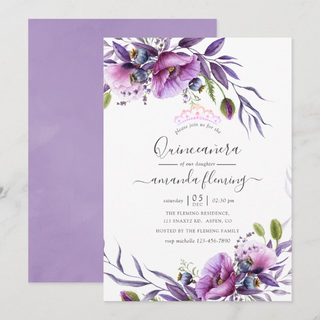 Violet Purple Poppy Floral Quinceañera Invitation (Front/Back)