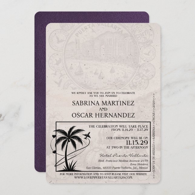 Violet Purple Puerta Vallarta Passport Wedding Invitation (Front/Back)
