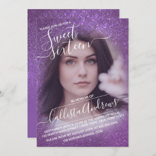 Violet Purple Sparkly Glitter Ombre Photo Sweet 16 Invitation