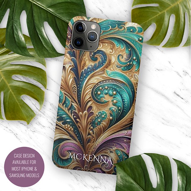 Violet Purple Teal Blue Green Gold Paisley Pattern Case-Mate iPhone Case (Creator Uploaded)