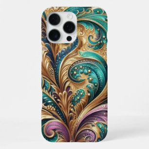 Violet Purple Teal Blue Green Gold Paisley Pattern iPhone 16 Pro Max Case