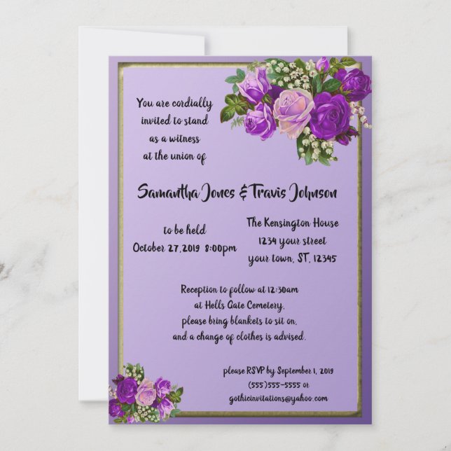 Violet Purple Vintage Rose Goth Wedding Invitation (Front)