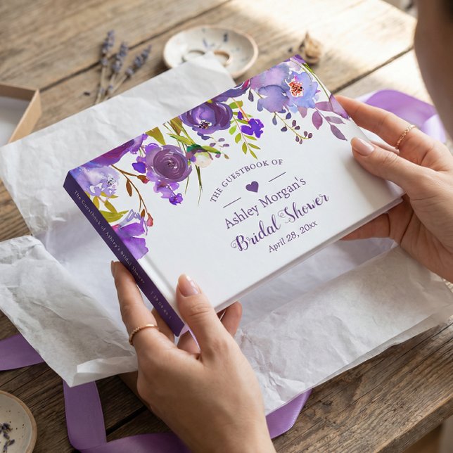 Violet Purple Watercolor Floral Bridal Shower Guest Book (Creator Uploaded)