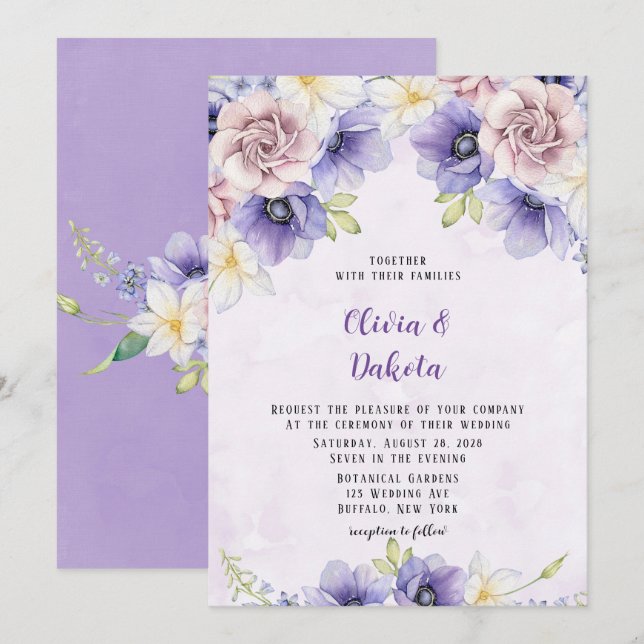 Violet Purple Watercolor Floral Chic Peony Wedding Invitation (Front/Back)