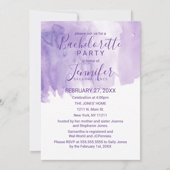 Violet Purple Watercolor Splash Bachelorette Party Invitation (Front)