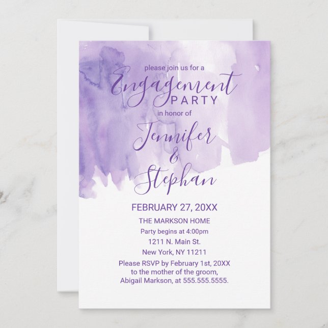Violet Purple Watercolor Splash Engagement Invitation (Front)