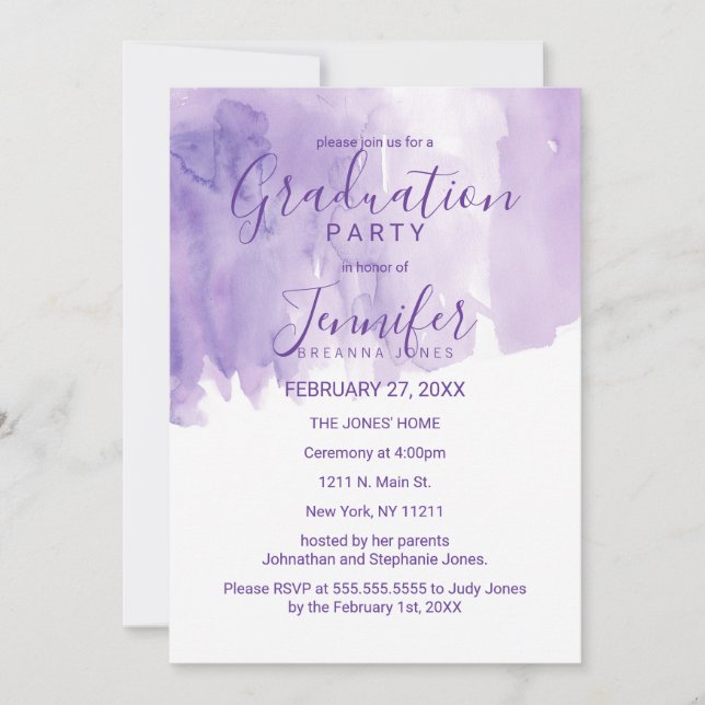 Violet Purple Watercolor Splash Graduation Party Invitation (Front)
