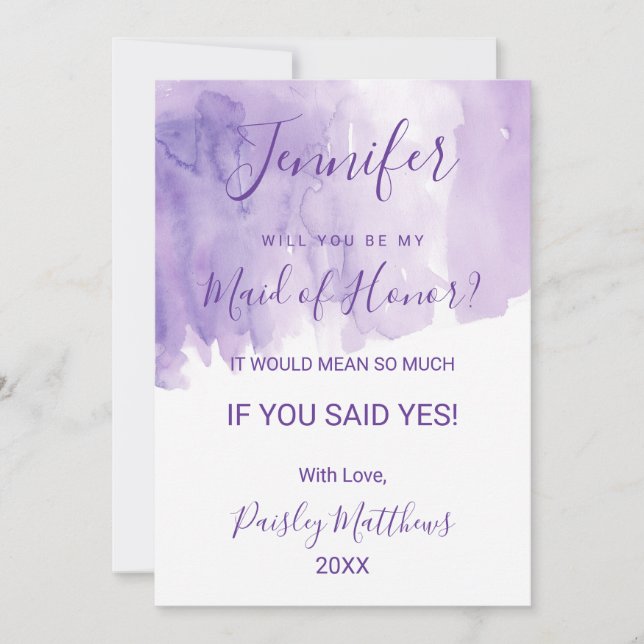 Violet Purple Watercolor Splash Maid of Honour Invitation (Front)