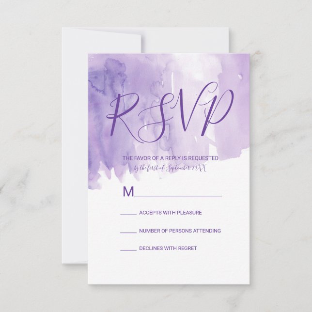 Violet Purple Watercolor Splash RSVP Card (Front)