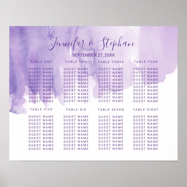 Violet Purple Watercolor Splash Seating Chart (Front)