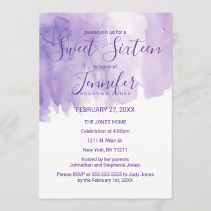Violet Purple Watercolor Splash Sweet 16 Invitation