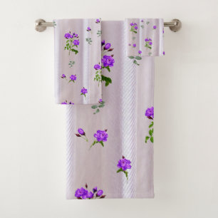 Violet Purplish-Watercolour Roses on Pink Silk Bath Towel Set