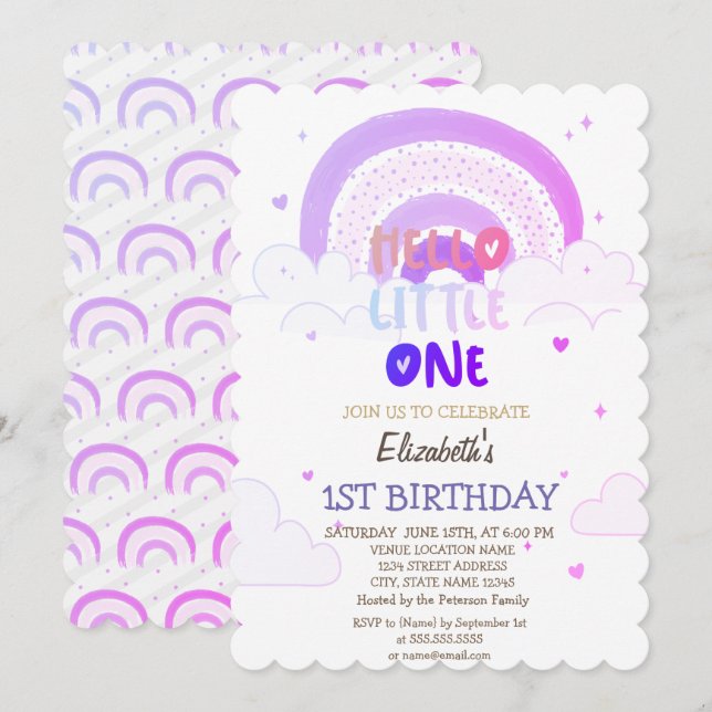 Violet Rainbow Clouds Hello Little One Birthday  Invitation (Front/Back)