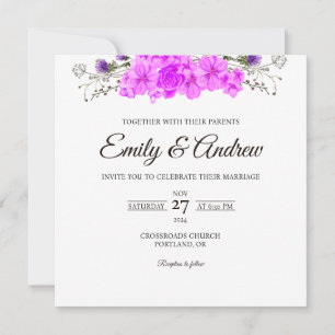 Violet Rose Floral Watercolor Square Wedding Invitation