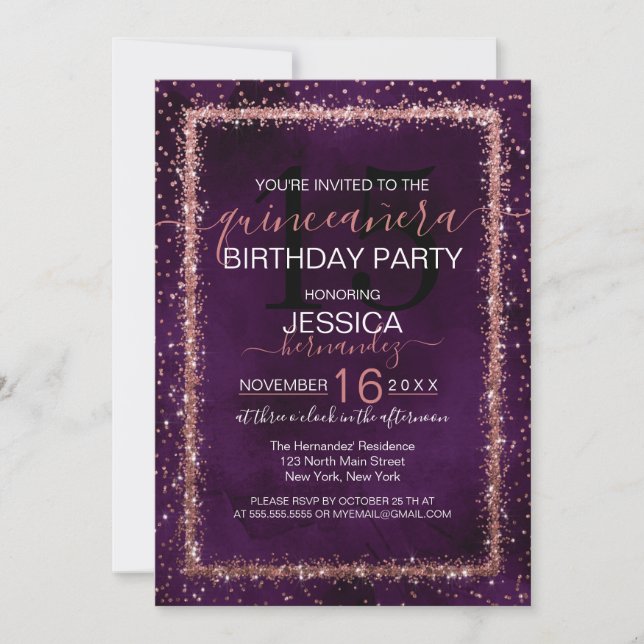 Violet Rose Gold Sprinkled Confetti Quinceañera Invitation (Front)