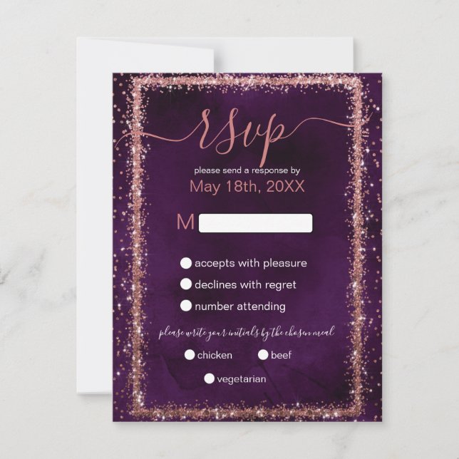 Violet Rose Gold Sprinkled Confetti Wedding RSVP Card (Front)