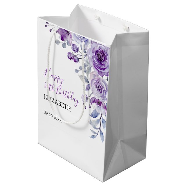 Violet Rose Greenery Floral Birthday  Medium Gift Bag (Back Angled)