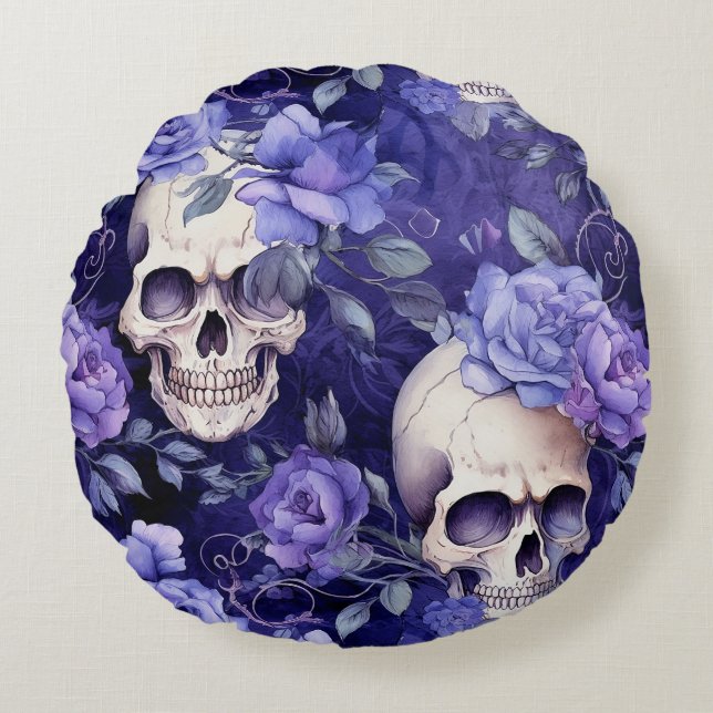 Violet Roses with Skulls Round Cushion (Front)