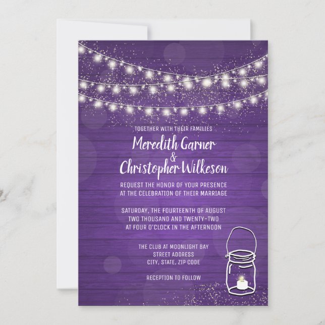 Violet Rustic Mason Jar Lights Wedding Invitation (Front)