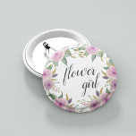 Violet & Sage Flower Girl 6 Cm Round Badge<br><div class="desc">Identify the key players at your bridal shower with our elegant,  sweetly chic floral buttons. Button features pink and violet purple watercolor flowers and green leaves,   with "flower girl" inscribed inside in calligraphy script.</div>