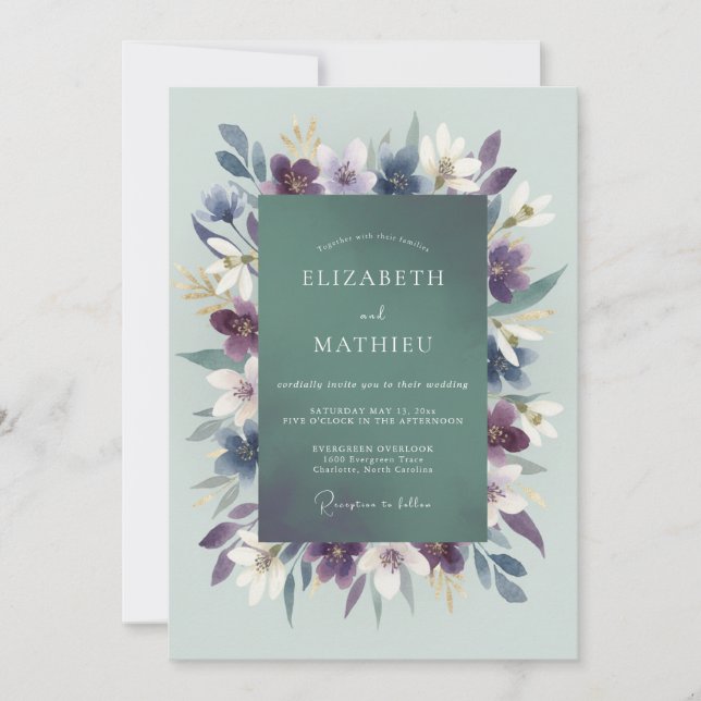 Violet Seafoam Leafy Wedding Invitation (Front)