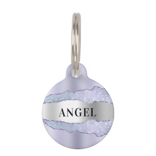 Violet silver agate marble name pet tag