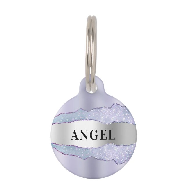 Violet silver agate marble name pet tag (Front)
