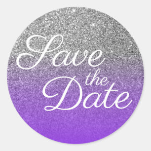 Violet Silver Ombre Glitter Save the Date Classic Round Sticker