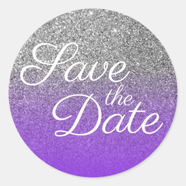Violet Silver Ombre Glitter Save the Date Classic Round Sticker (Front)