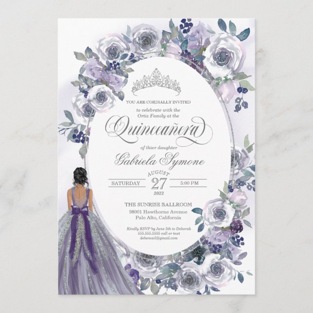 Violet Silver White Watercolor Floral Quinceanera Invitation (Front)
