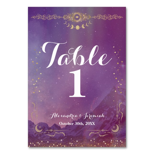 Violet Sky Gold Moon Table Number (Front)