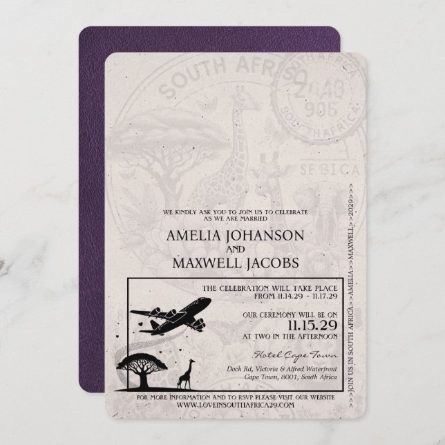 Violet South Africa Passport Wedding Invitation (Front/Back)