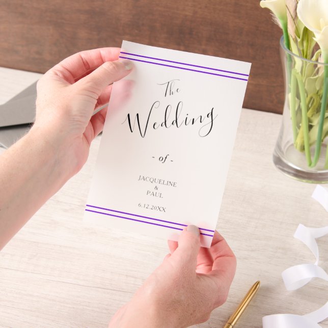 Violet Stripes Wedding Bride and Groom Vellum Invitations (Handheld)