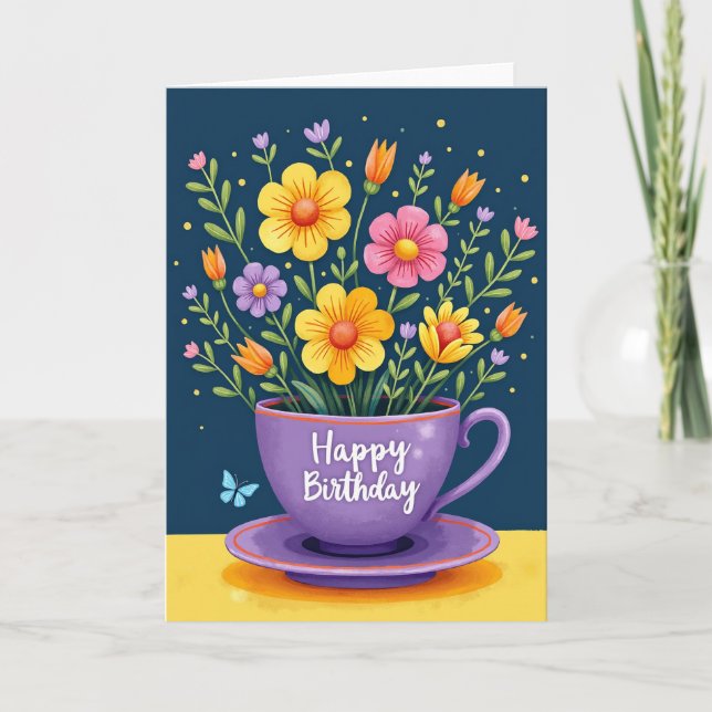 Violet Teacup Birthday Card (Front)